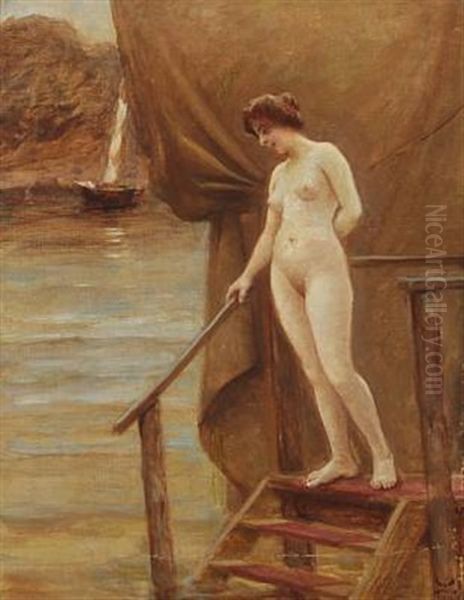 A Nude Woman On A Jetty Oil Painting by Christian Valdemar Clausen