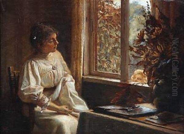 Interior With A Sewing Woman And A Child Looking Through The Open Window Oil Painting by Christian Valdemar Clausen