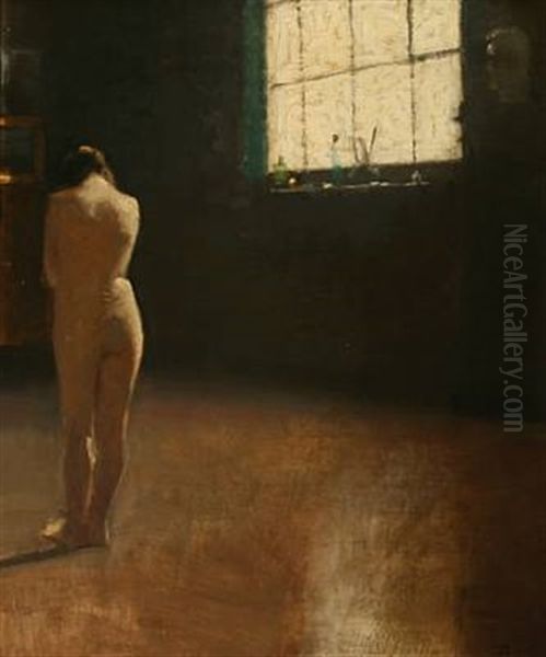 A Back Turned Nude Female Model In A Studio Oil Painting by Christian Valdemar Clausen