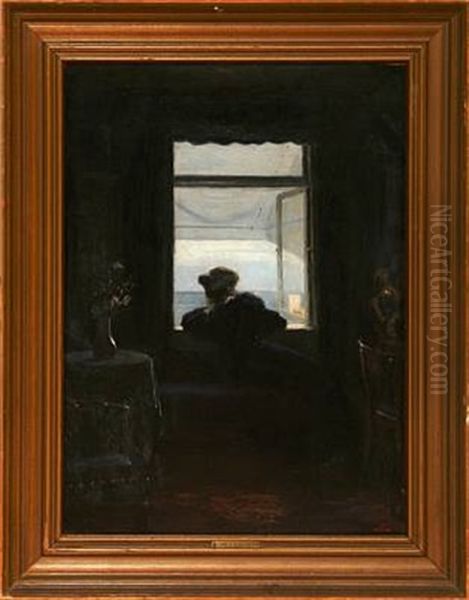 Interior With A Woman Looking Out The Window Oil Painting by Christian Valdemar Clausen