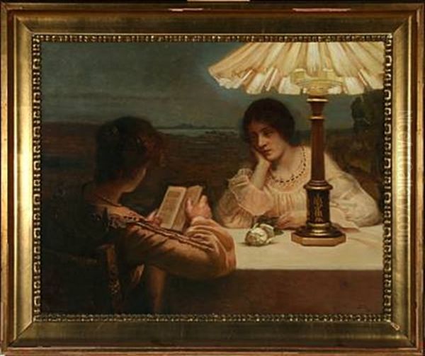 Interior With Two Women At A Table By Lamp Light Oil Painting by Christian Valdemar Clausen