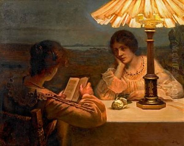 Interior With Two Women At A Table By Lamp Light Oil Painting by Christian Valdemar Clausen