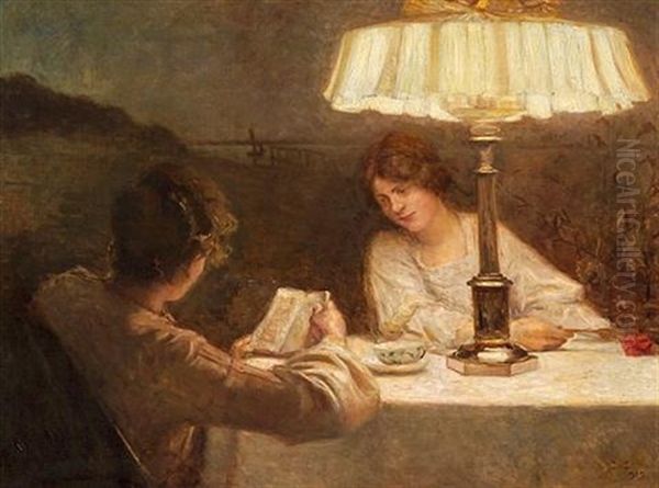 Figures Reading By Lamplight At Dusk Oil Painting by Christian Valdemar Clausen