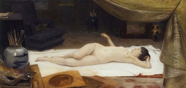 A Reclining Nude In A Studio Oil Painting by Christian Valdemar Clausen