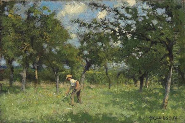 A Man Scything In An Orchard Oil Painting by Sir George Clausen