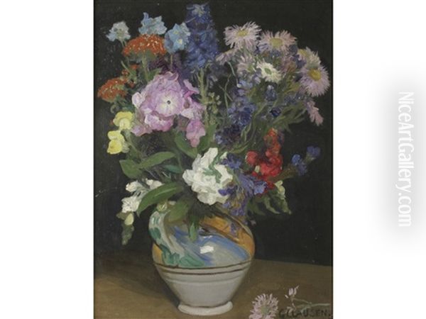 A Still Life Of Mixed Flowers In A Pottery Vase Oil Painting by Sir George Clausen