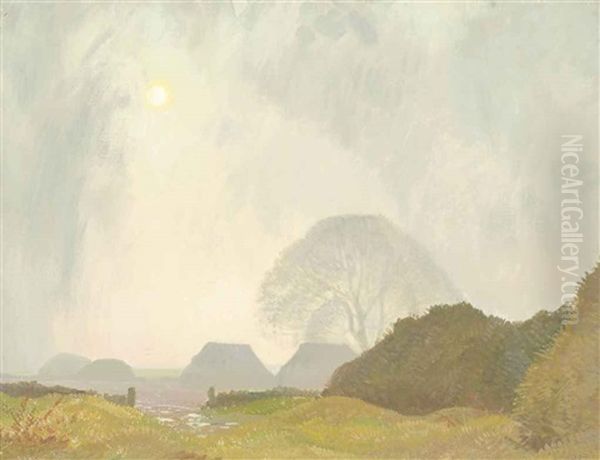 Haystacks, Twilight Oil Painting by Sir George Clausen