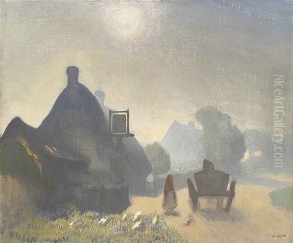 Village Inn, Misty Morning Oil Painting by Sir George Clausen