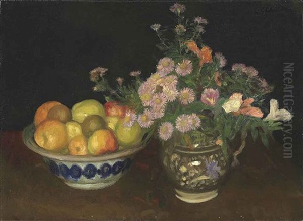 A Jug Of Wild Flowers And Fruit In A Bowl Oil Painting by Sir George Clausen