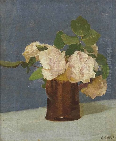 Pink Roses In A Jug Oil Painting by Sir George Clausen