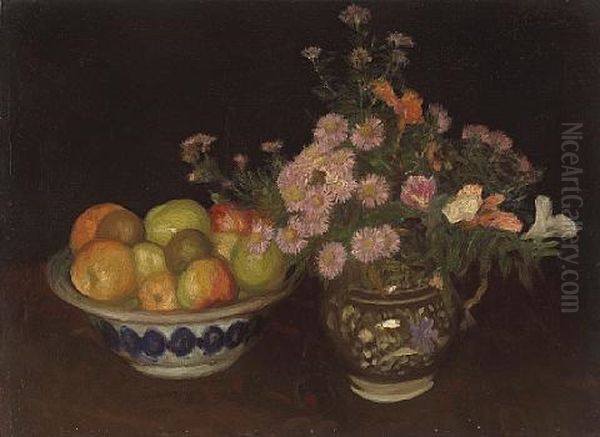 A Jug Of Wild Flowers And Fruit In A Bowl Oil Painting by Sir George Clausen