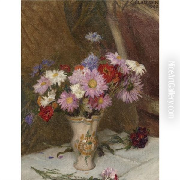 Still Life With Michaelmas Daisies And Cornflowers In A Jug Oil Painting by Sir George Clausen