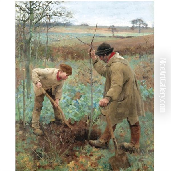 Planting A Tree Oil Painting by Sir George Clausen