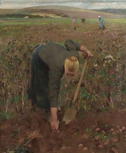 In The Fields, Dannes, Pas De Calais (gathering Potatoes) Oil Painting by Sir George Clausen