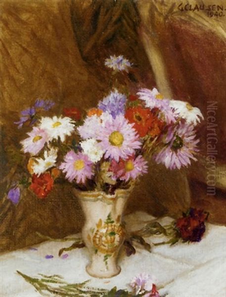 Still Life With Michaelmas Daisies And Cornflowers In A Jug On A White Cloth Draped Table Oil Painting by Sir George Clausen