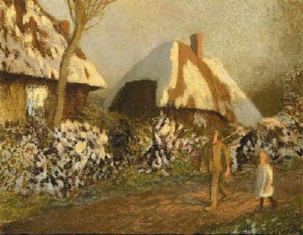 Cottages On A Frosty Evening Oil Painting by Sir George Clausen