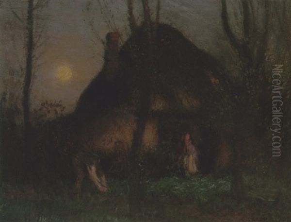 Moonlit Landscape With Cottage Oil Painting by Sir George Clausen