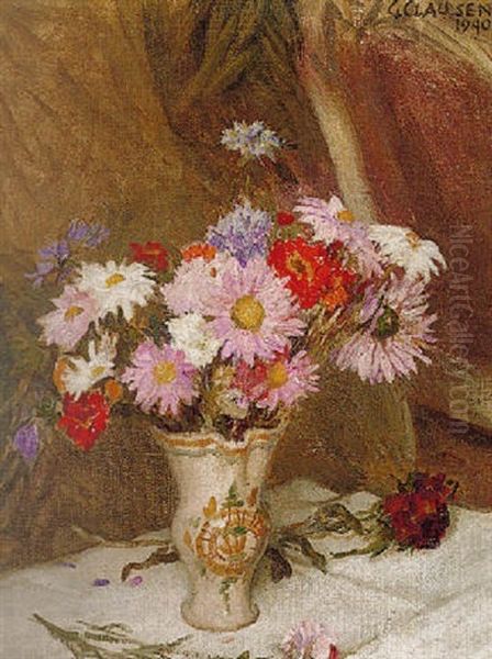 Still Life With Michaelmas Daisies And Cornflowers Oil Painting by Sir George Clausen