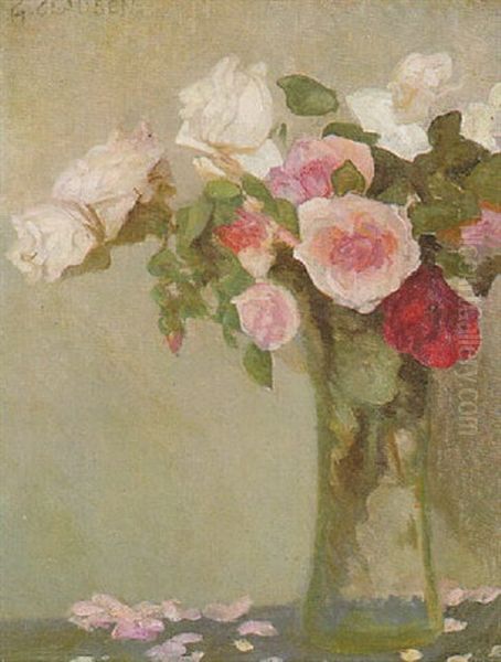 Still Life With Roses In A Glass Vase Oil Painting by Sir George Clausen