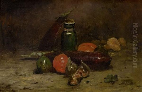 Stilleben Mit Gemuse Und Fruchten Und Einer Flasche Oil Painting by Marie Joseph Leon Clavel