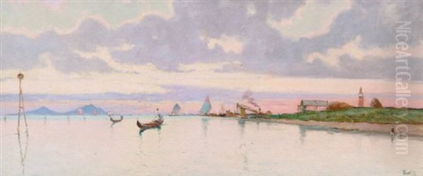 Indsejlingen Til Venedig, I Baggrunden Bjergene Ved Padua Oil Painting by Marie Joseph Leon Clavel