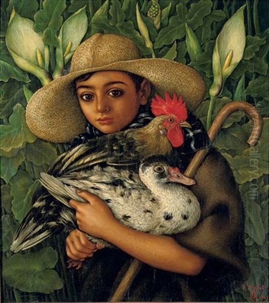 Retrato De Nino Con Aves - Boy With Poultry Oil Painting by Vincente Mulet Claver