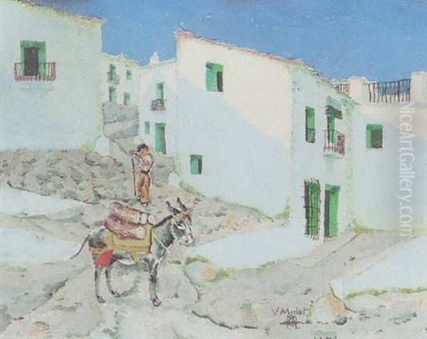 Man With His Donkey In A Village Street Oil Painting by Vincente Mulet Claver