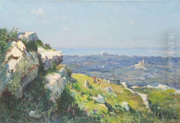 Vue De L'etang De Berre Oil Painting by Jules-Justin Claverie