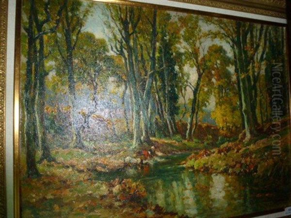 Paysage A La Riviere Oil Painting by Jules-Justin Claverie