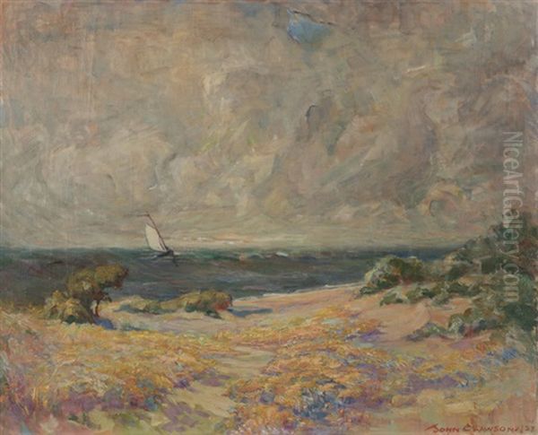 Coastal View With Sailboat Oil Painting by John Willard Clawson