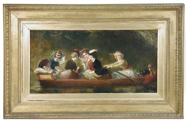 Victorian Ladies In A Rowing Boat With Two Pet Dogs Oil Painting by Marshall Claxton