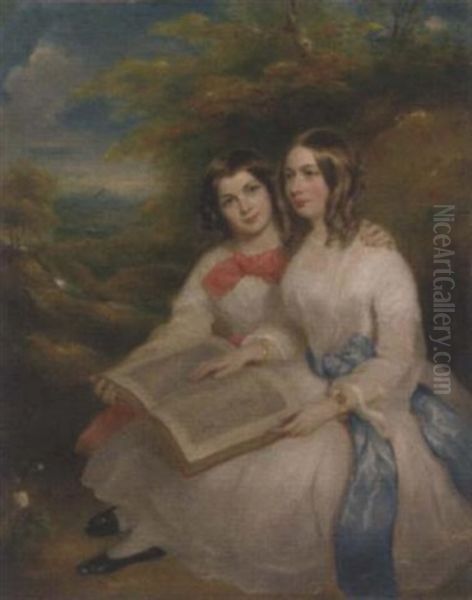 Portrait Of Rebecca And Gertrude Bates, In White Dresses, With An Album Of Drawings On Their Laps, In A Wooded Landscape Oil Painting by Marshall Claxton