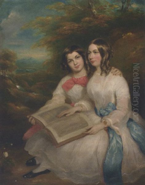 Portrait Of Rebecca And Gertrude Bates In White Dresses, With An Album Of Drawings On Their Laps, In A Wooded Landscape Oil Painting by Marshall Claxton