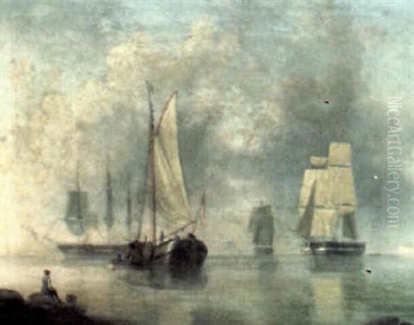 Shipping Scene With Dutch Barge And Man Of War Oil Painting by John Clay