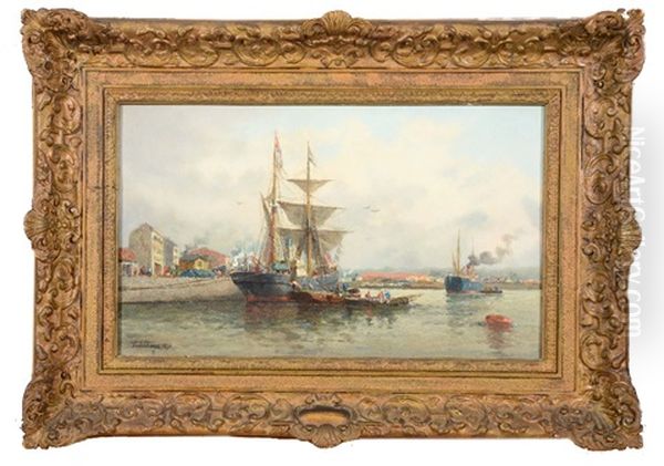 Sailing Vessels Docked At A Harbour Wall Oil Painting by Paul Jean Clays