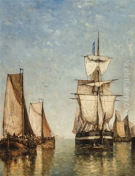 Sailboats On The Schelde Oil Painting by Paul Jean Clays