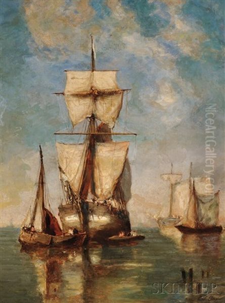 Sailing Vessels In Quiet Waters Oil Painting by Paul Jean Clays