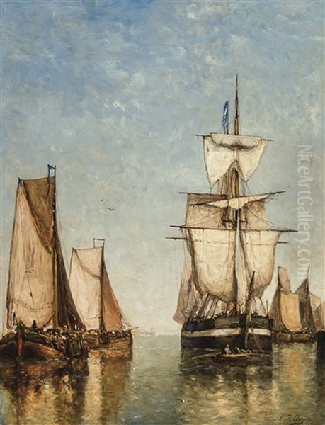 Sailing Ships On The River Scheldt Oil Painting by Paul Jean Clays