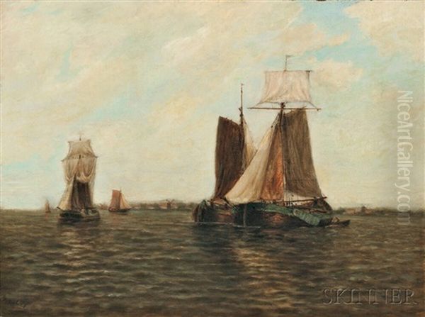 Sailing Vessels In A Quiet Harbor Oil Painting by Paul Jean Clays