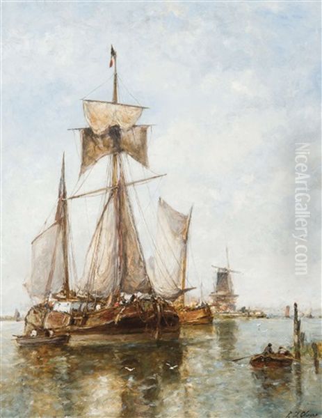 Bateaux Fluviaux Amarres Devant Un Moulin Oil Painting by Paul Jean Clays