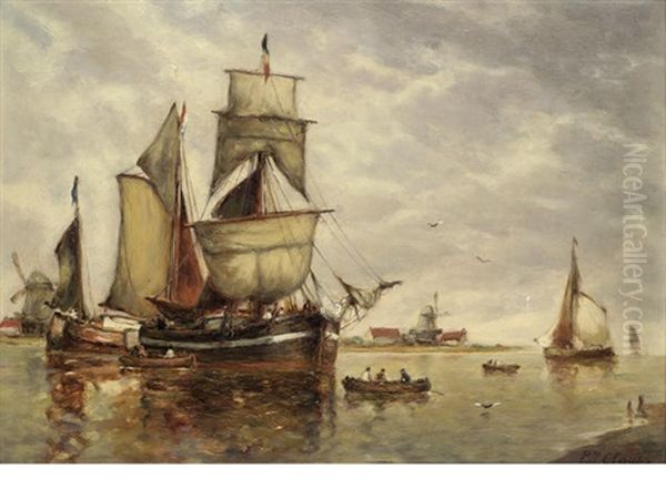 Barges Moored Before A Windmill Oil Painting by Paul Jean Clays