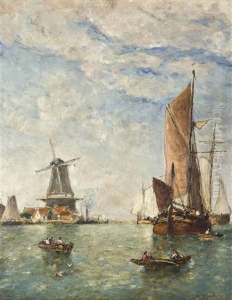 Barges And Other Coastal Traffic On A River Estuary Before A Windmill Oil Painting by Paul Jean Clays