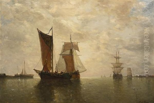 Ships At Harbor Oil Painting by Paul Jean Clays