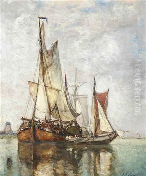 Barges Moored Before A Windmill Oil Painting by Paul Jean Clays