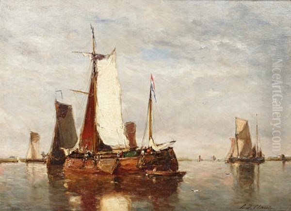 Dutch Fishing Boats In An Estuary Oil Painting by Paul Jean Clays