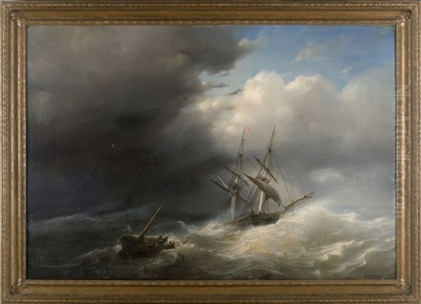 Ship In Stormy Seas Oil Painting by Paul Jean Clays