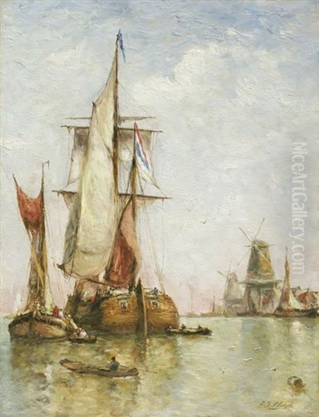 Barques A Voiles Dans Un Port Flamand by Paul Jean Clays