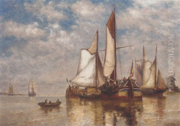 Dutch Barges In A Calm On The Estuary Oil Painting by Paul Jean Clays