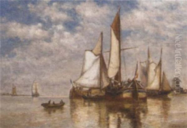 Dutch Barges In A Calm On The Estuary Oil Painting by Paul Jean Clays