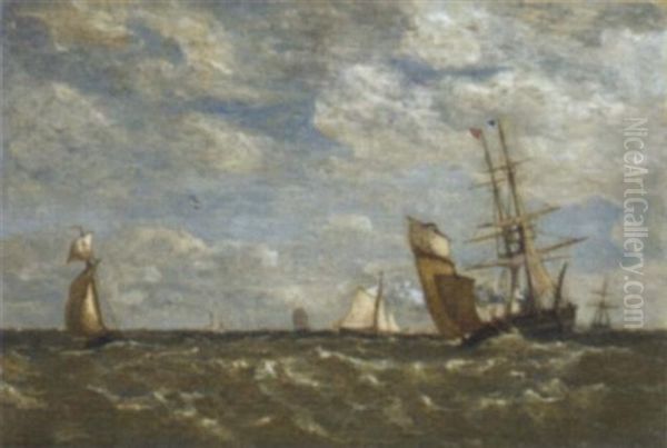 An Auxiliary Brig, Fishing Trawlers And A Cutter Yacht Off The Bishop's Rock Lighthouse by Paul Jean Clays